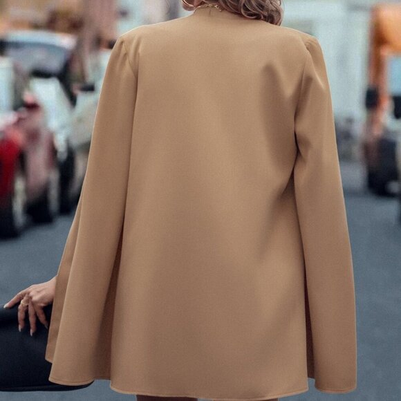 Khaki Elegant Women's Open Front Cape Blazer - Picture 2 of 6